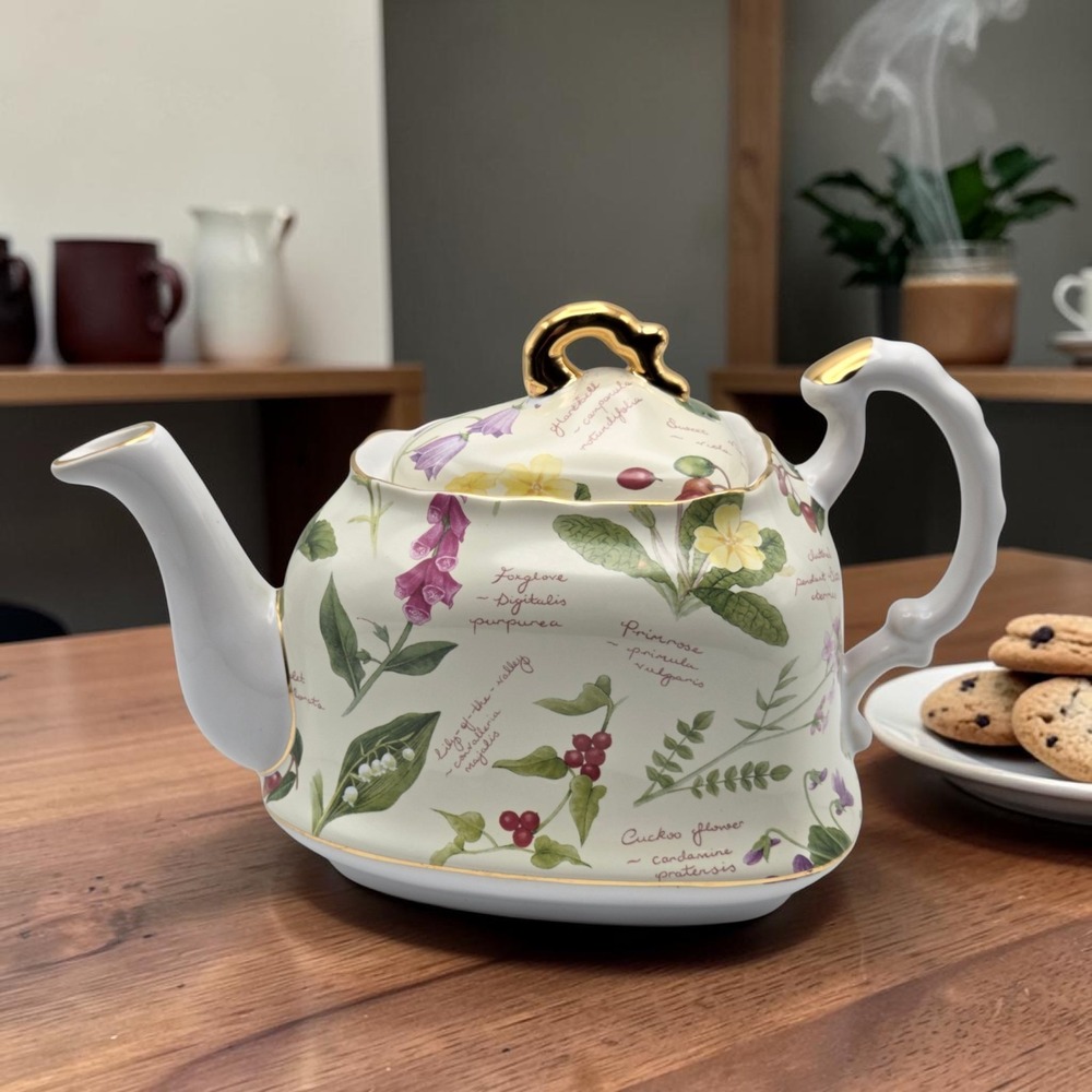 Vintage Royal Cuthbertson Floral Porcelain Botanical Teapot Made In England